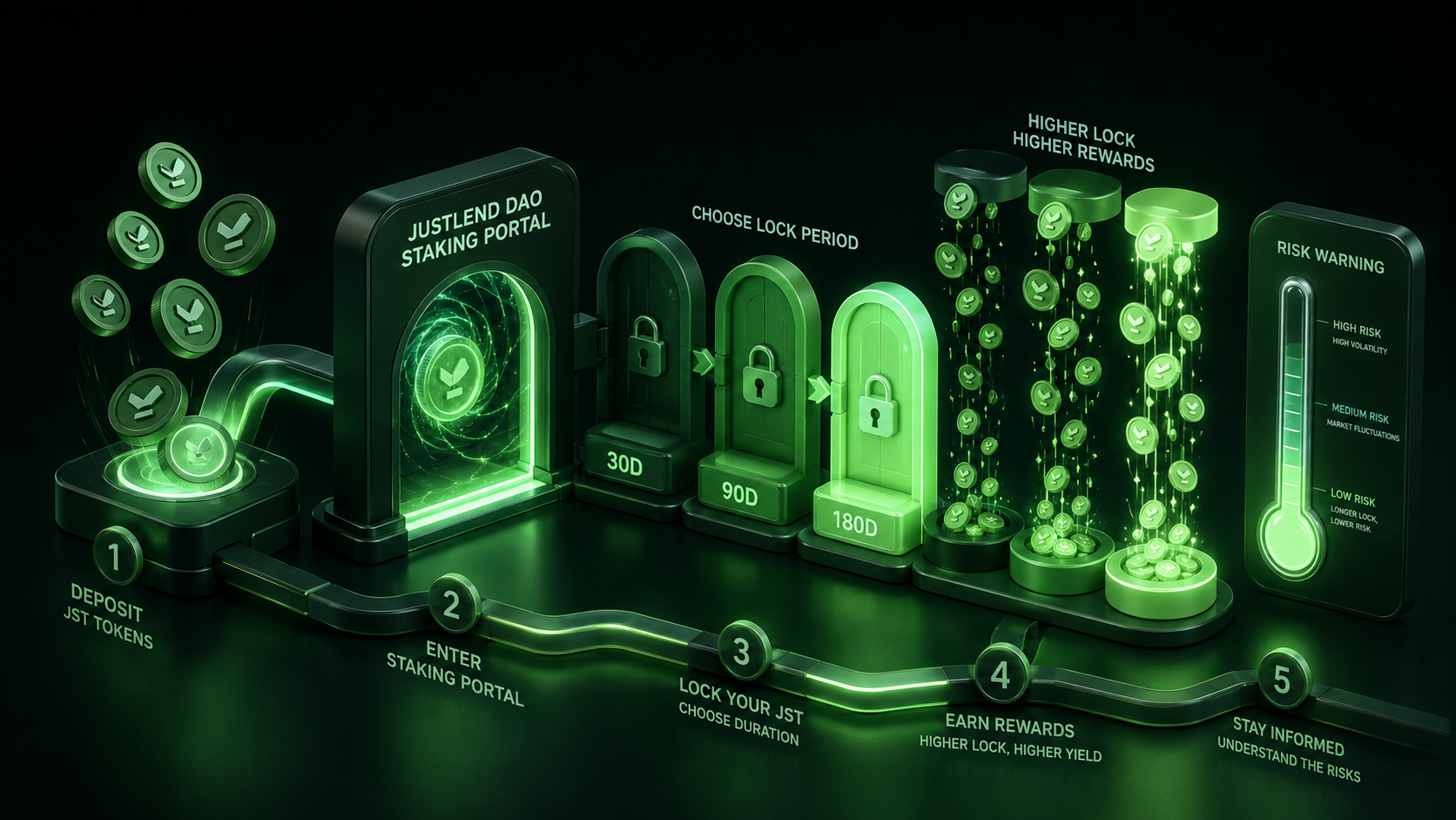 LeveX diagram of JST staking through JustLend lock period gates