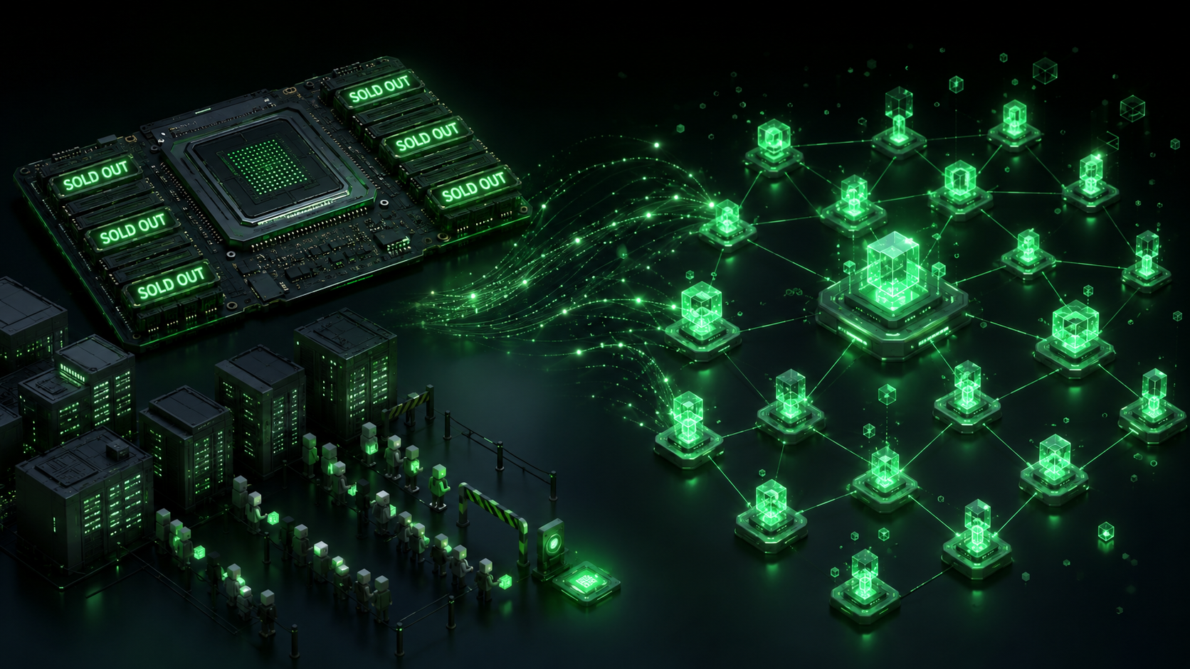 LeveX illustration of sold-out GPUs pushing demand to decentralized compute