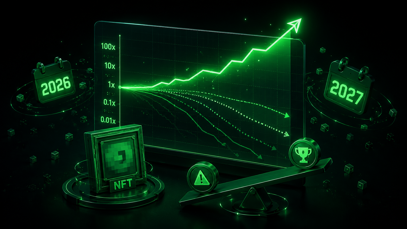 LeveX chart of BLUR scenarios from 2026 to 2027 beside an NFT tile