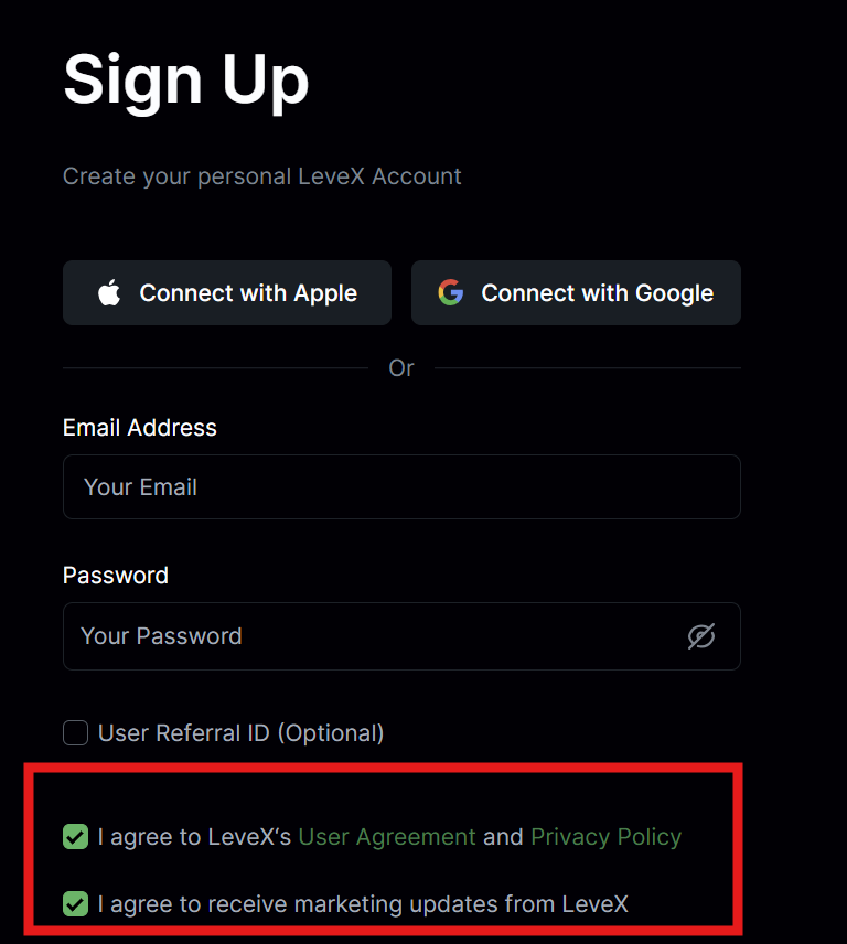 LeveX Register Terms