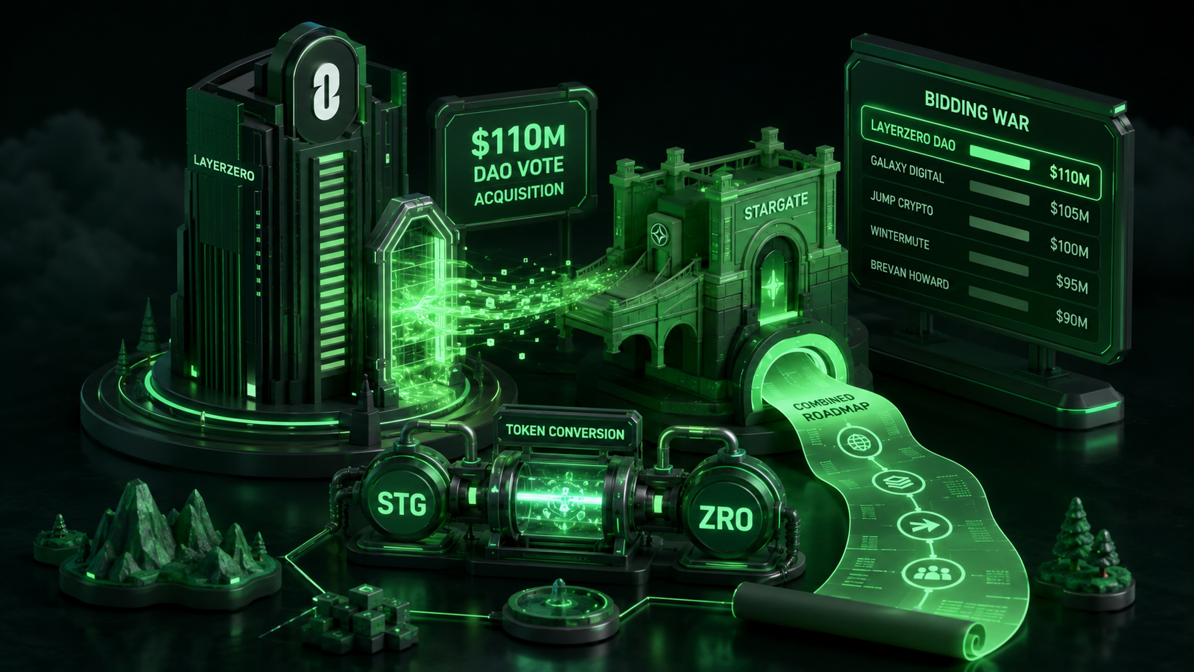 LeveX illustration of LayerZero absorbing Stargate in a $110M DAO vote