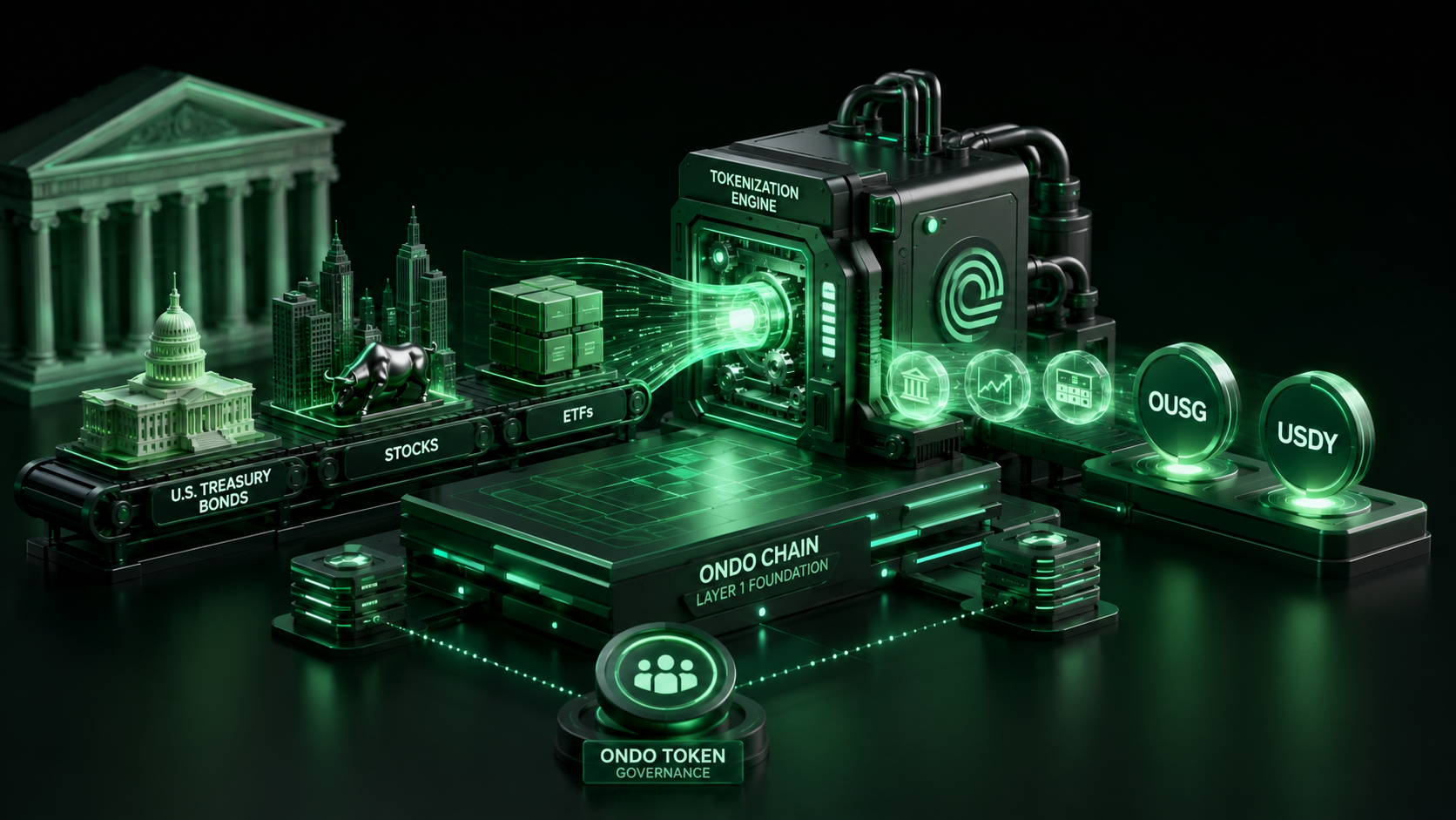 LeveX diagram of Ondo tokenizing Treasurys, stocks and ETFs on chain