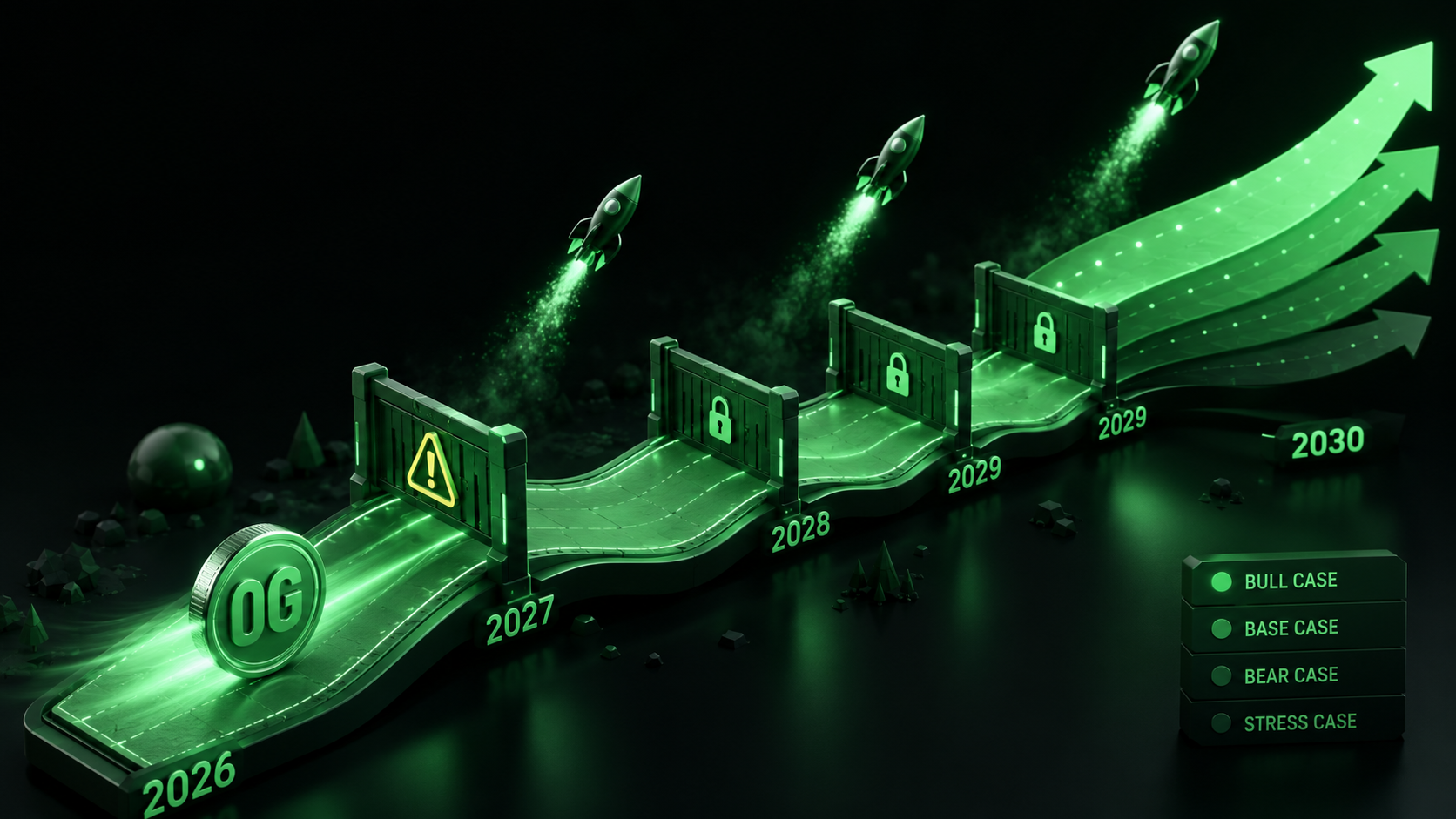 LeveX chart of 0G price forecasts through 2030 with unlock gates