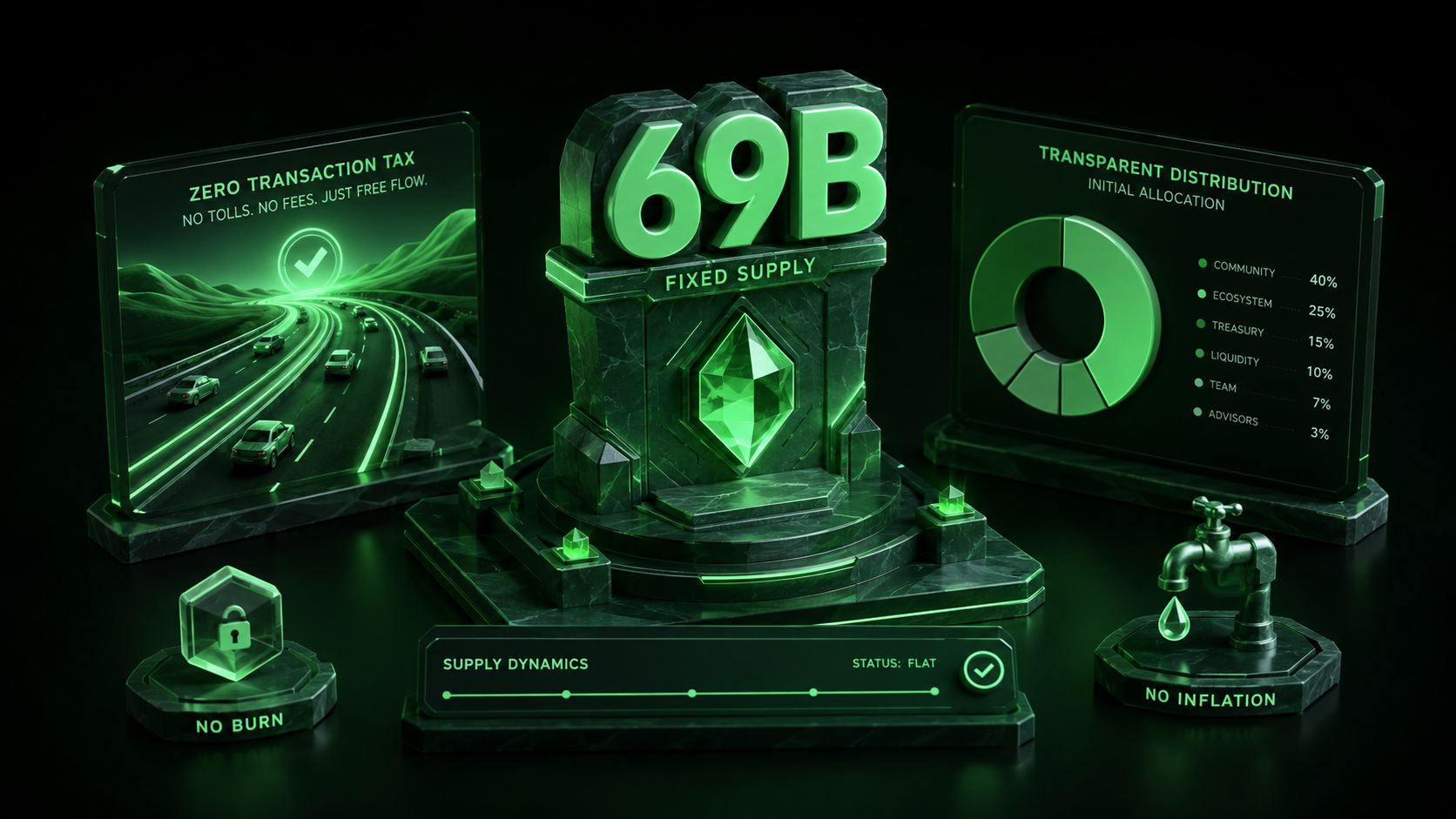 LeveX breakdown of TURBO's 69B fixed supply and zero transaction tax