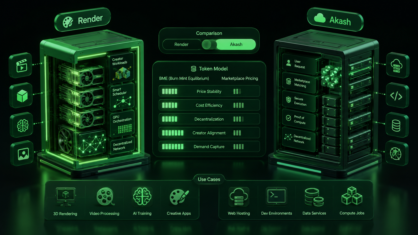 LeveX comparison of Render's AI rendering against Akash's general cloud