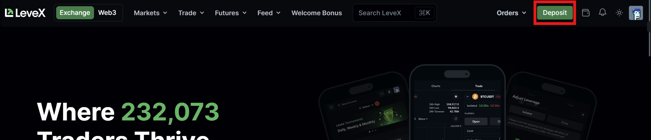 LeveX header Deposit Button