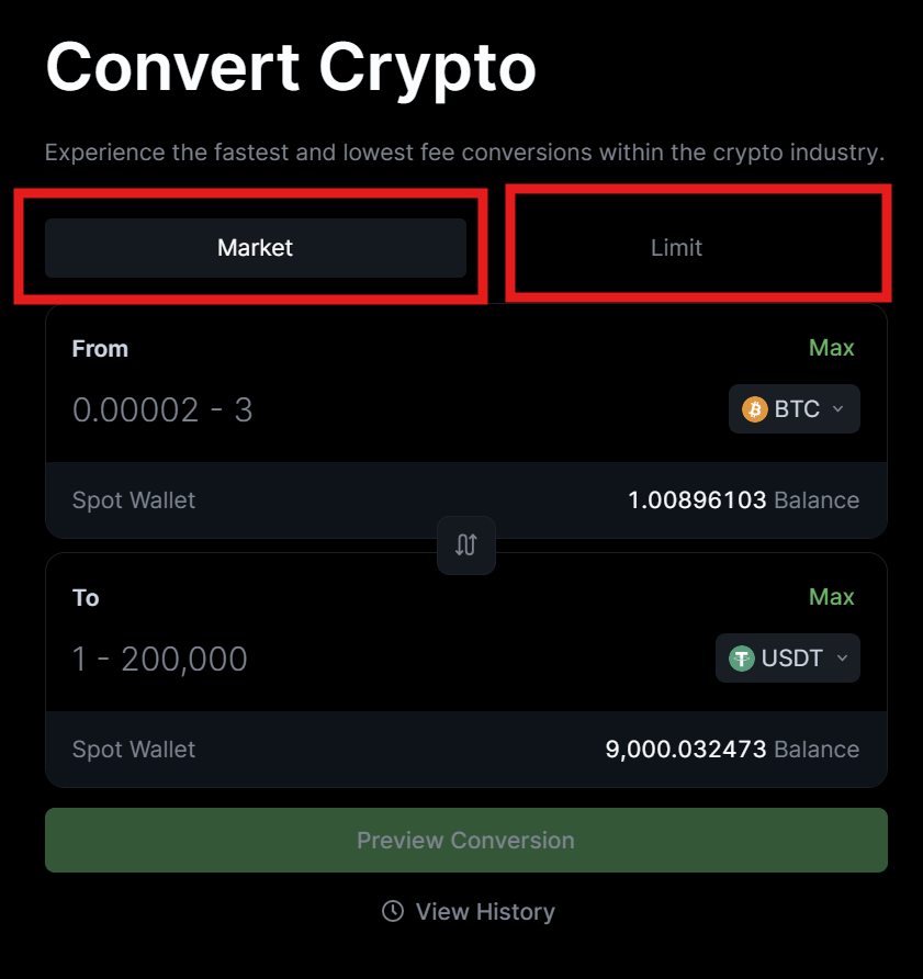 LeveX Convert Market or Limit