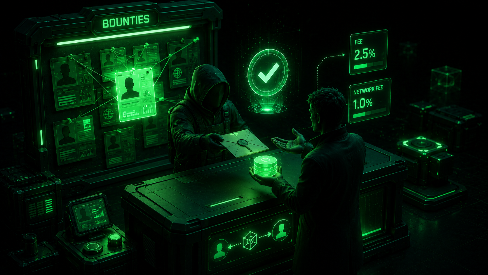 LeveX illustration of an Arkham bounty trade and its 2.5% marketplace fee