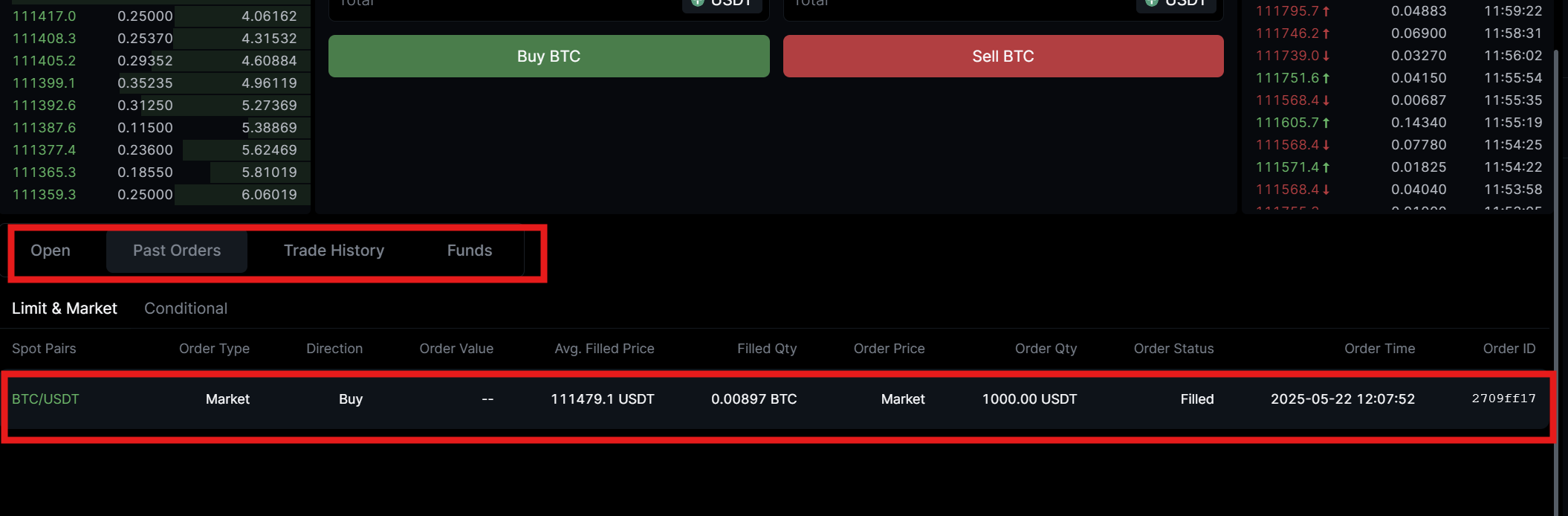 LeveX Spot Order History Tabs