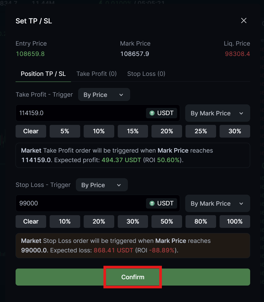 LeveX Futures TP SL Confirm