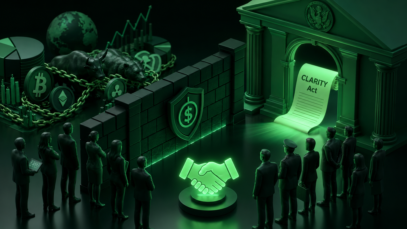 LeveX illustration of the stablecoin yield fight blocking the CLARITY Act