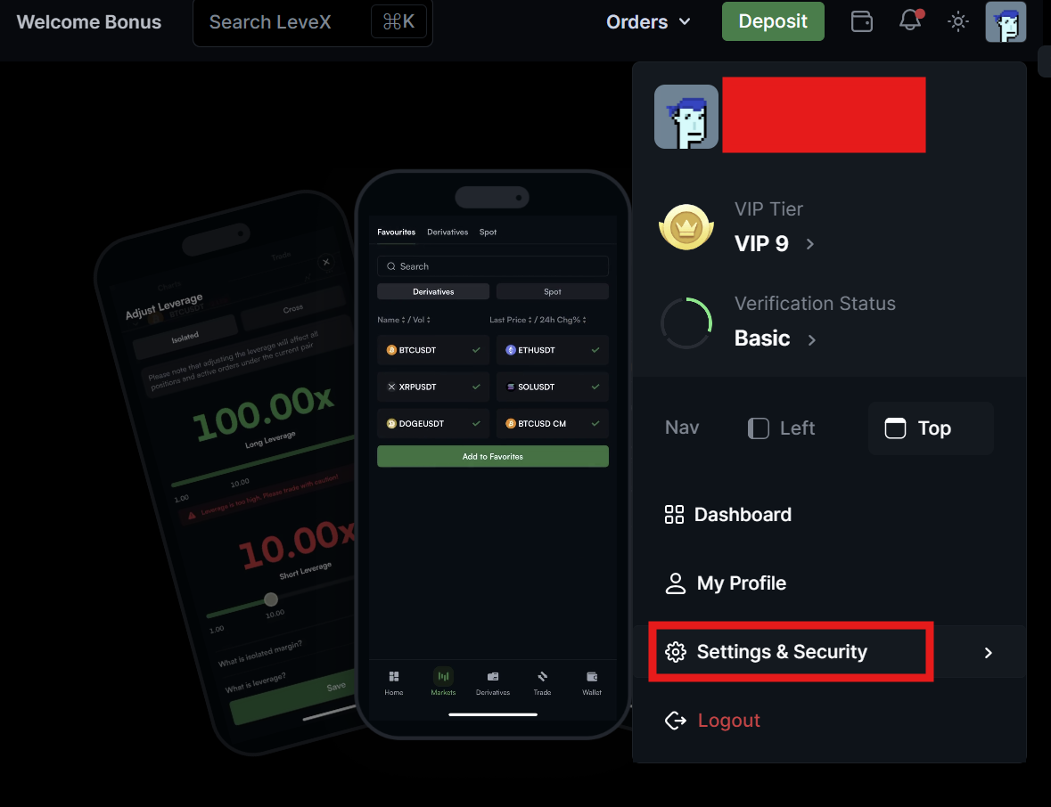 LeveX Security header navigation