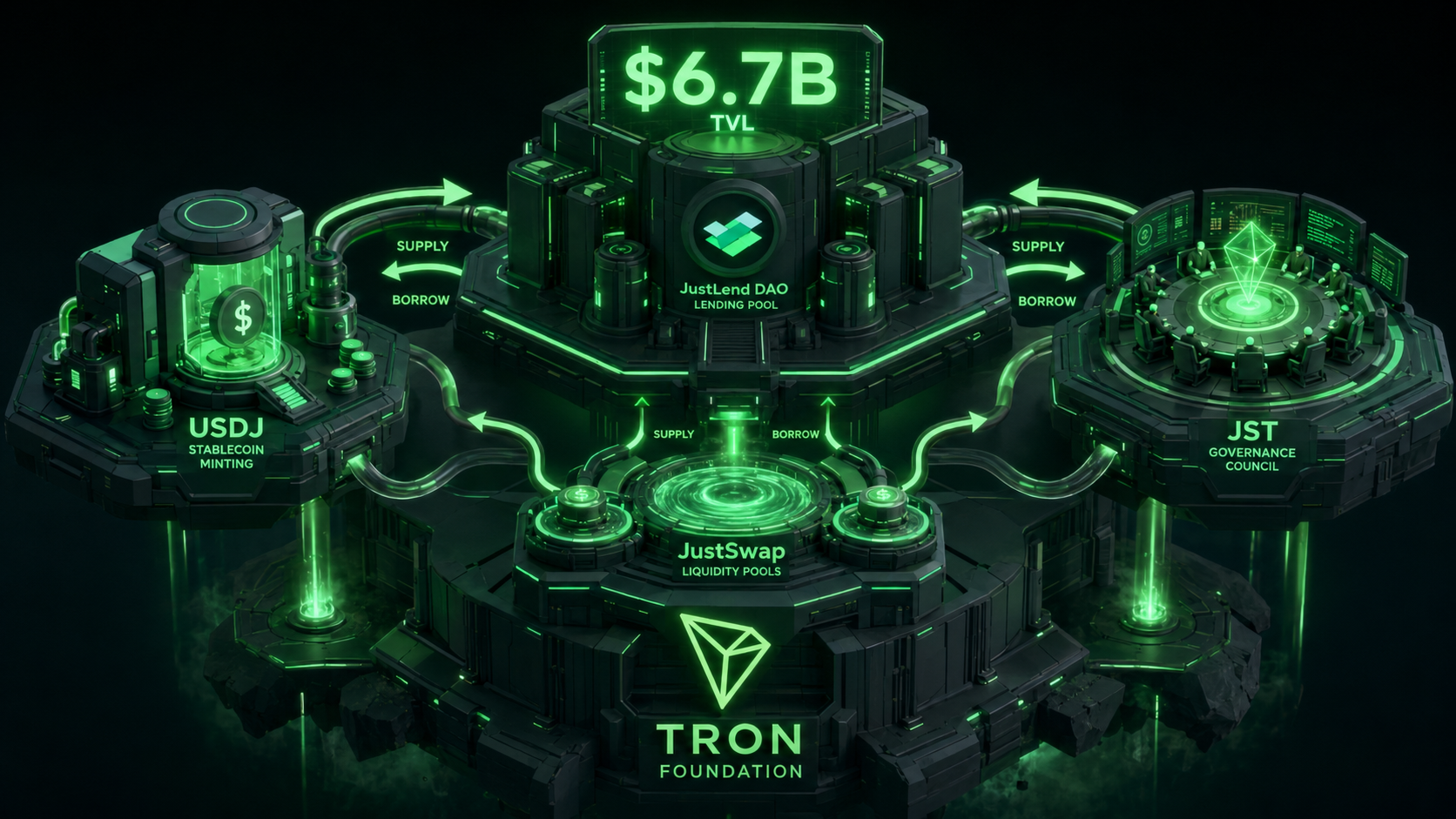 LeveX view of the JustLend DAO lending complex and its $6.7B TVL