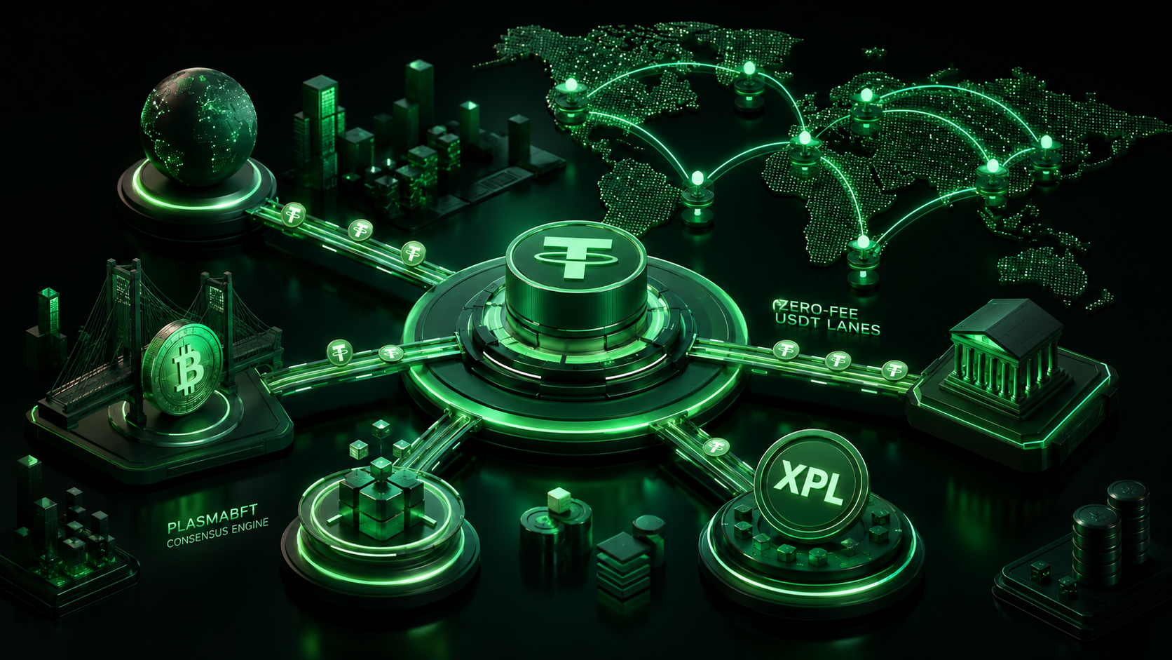 LeveX diagram of Plasma's zero-fee USDT lanes and PlasmaBFT consensus