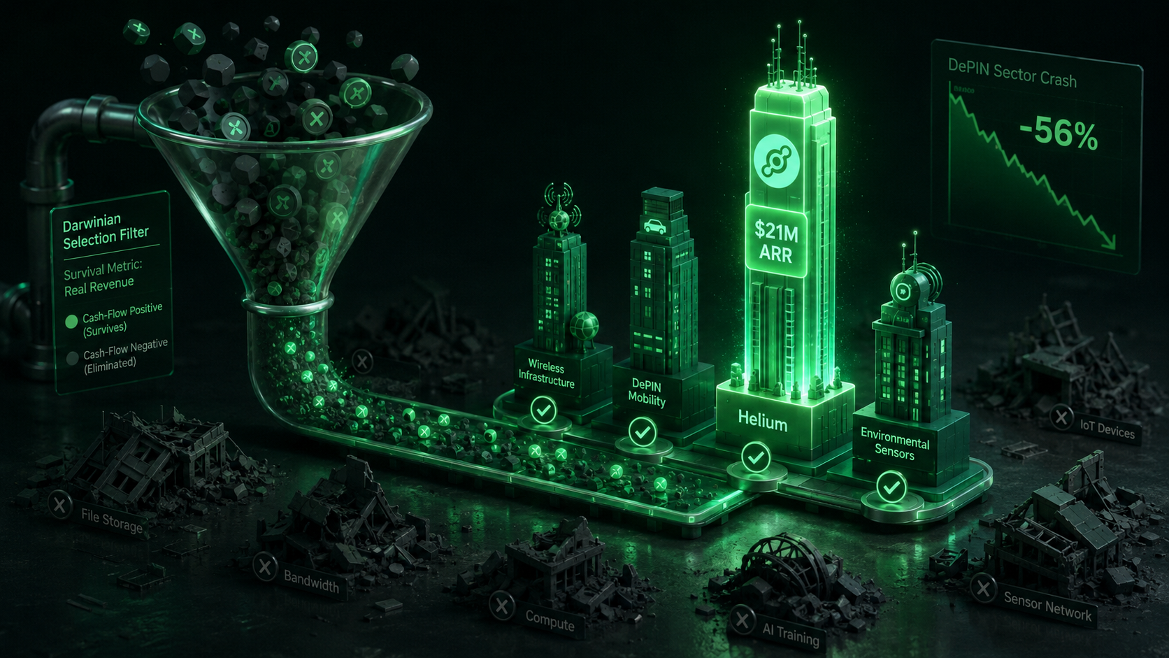 LeveX illustration of DePIN's 56% crash leaving only cash-generating projects