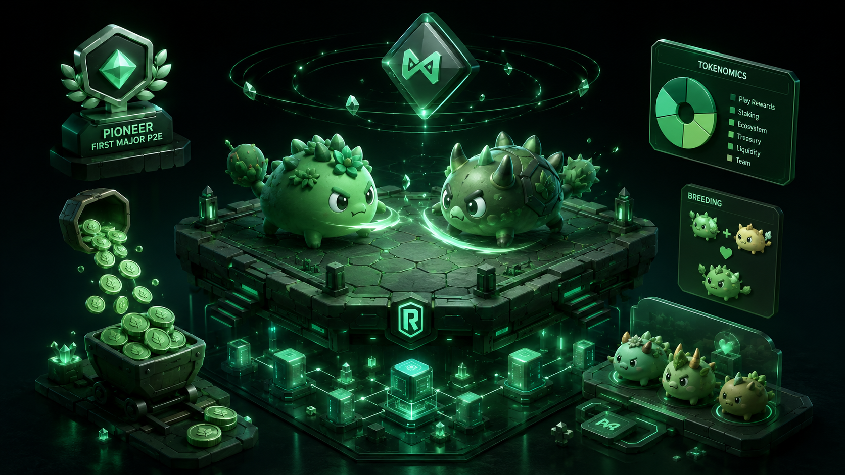 LeveX diagram of Axie battles on Ronin with AXS governance above