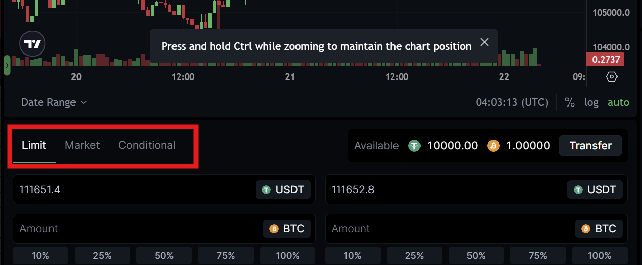 LeveX Market or Limit Tab