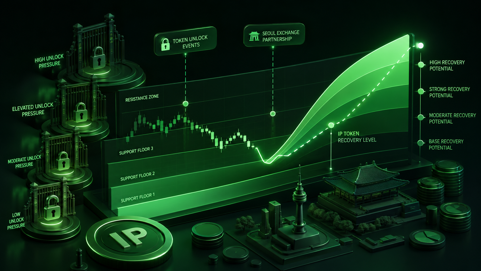 LeveX chart of IP forecasts weighing unlocks against exchange listings