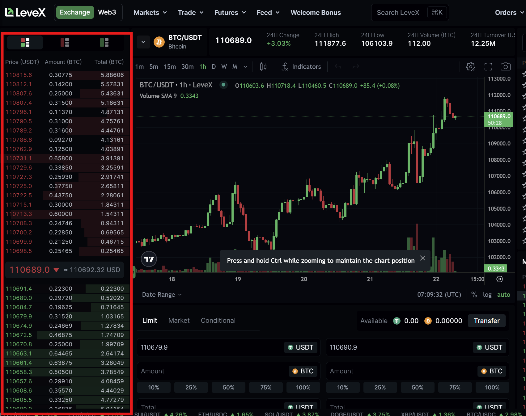 LeveX Trading Page Order Book