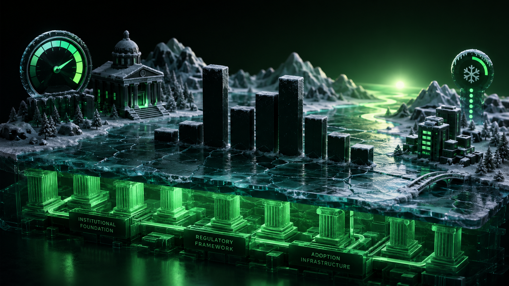 LeveX illustration of frozen crypto charts over still-warm fundamentals