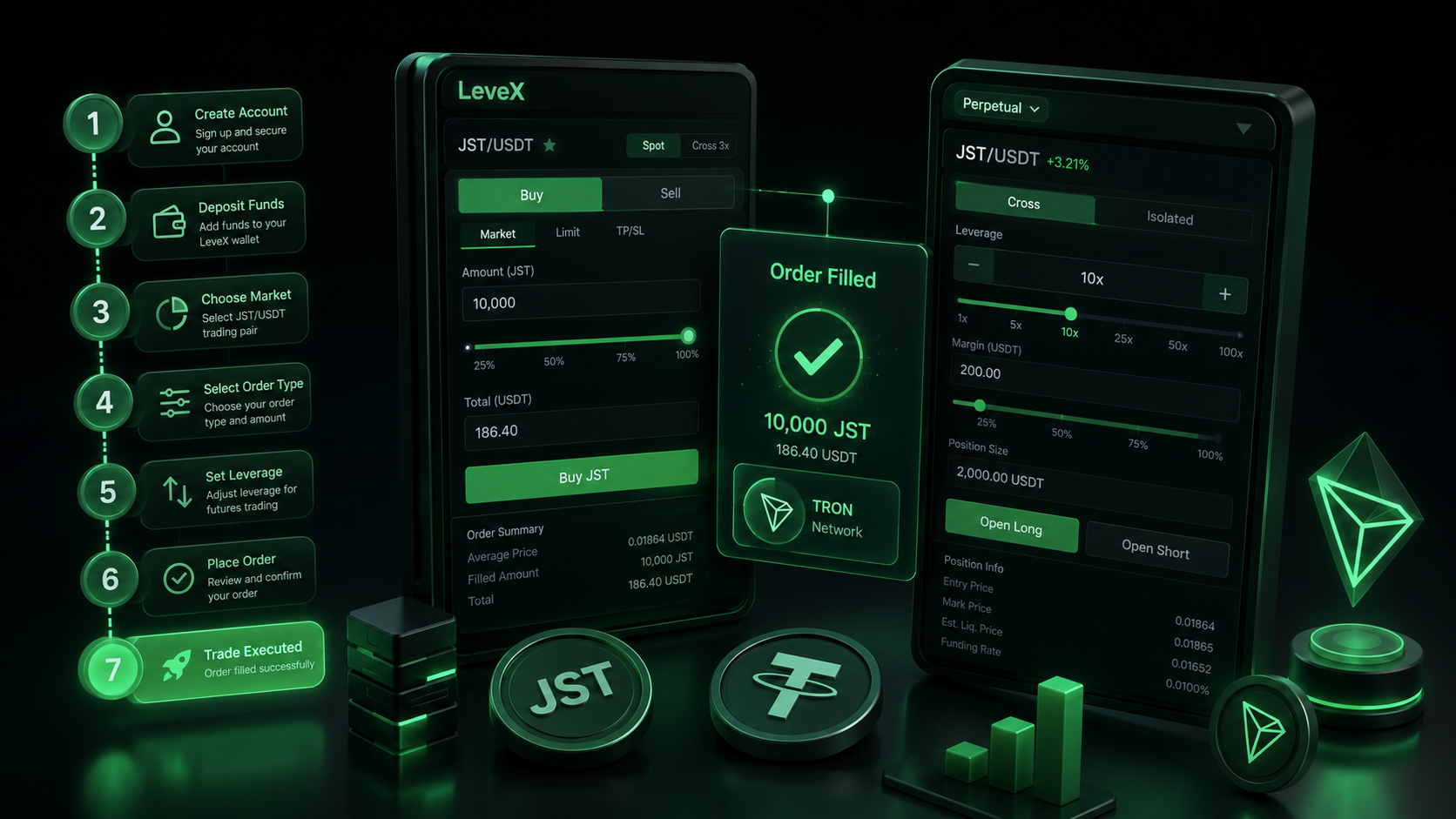 LeveX terminal showing a JST/USDT spot buy and futures order