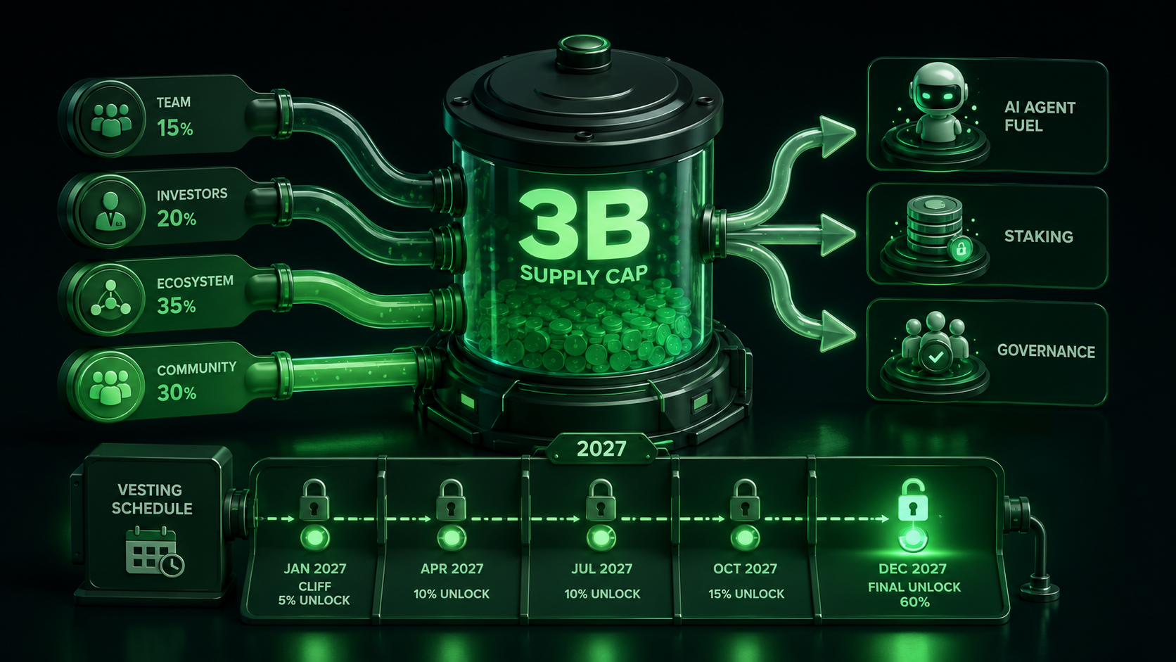 LeveX breakdown of AGI's 3B supply cap and vesting through 2027