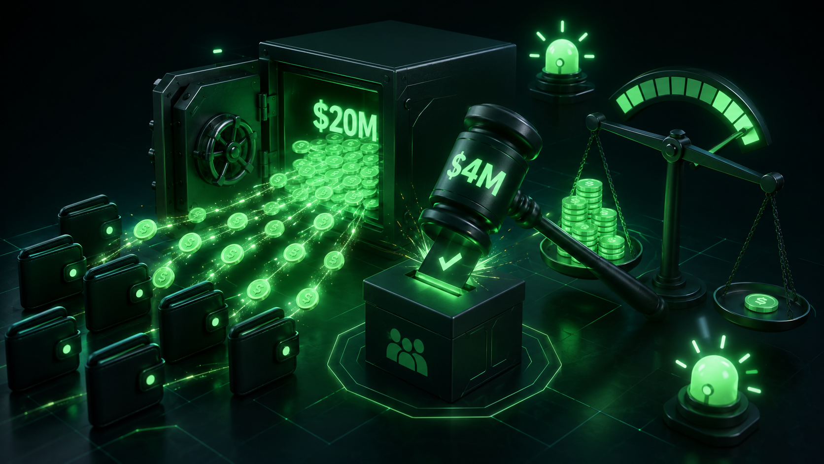 LeveX illustration of seven wallets voting a $20M DAO treasury open