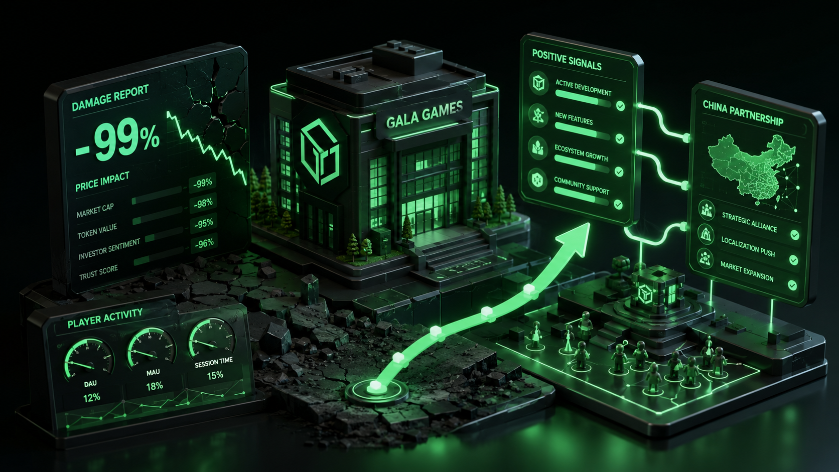 LeveX illustration weighing GALA's 99% decline against active development
