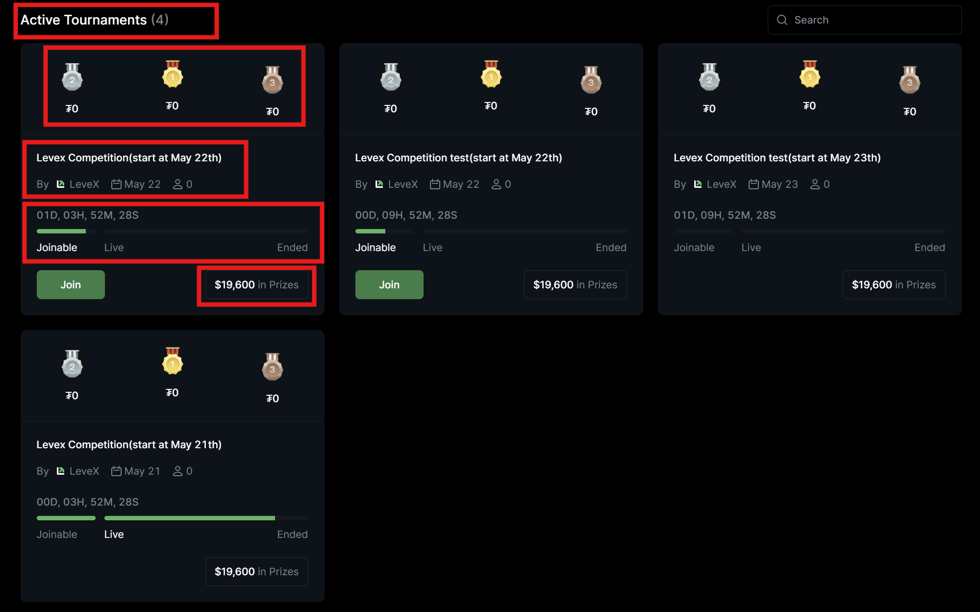 LeveX Active tournaments page