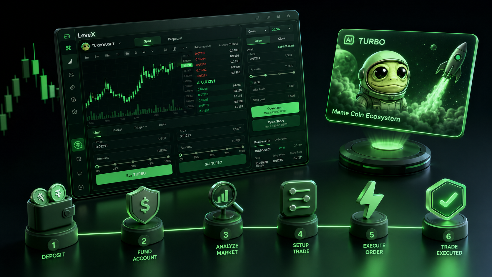 LeveX terminal showing a TURBO/USDT spot buy and futures order