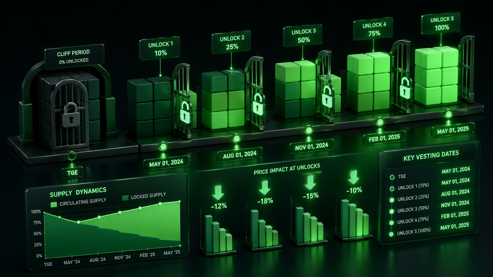 LeveX timeline of IP token unlocks and their cliff gates