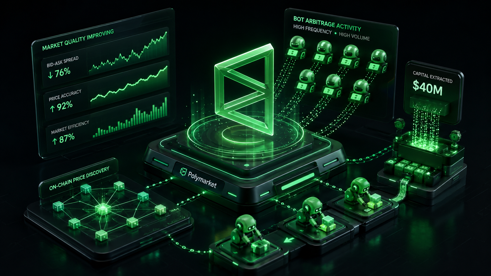 LeveX illustration of arbitrage bots extracting $40M from prediction markets
